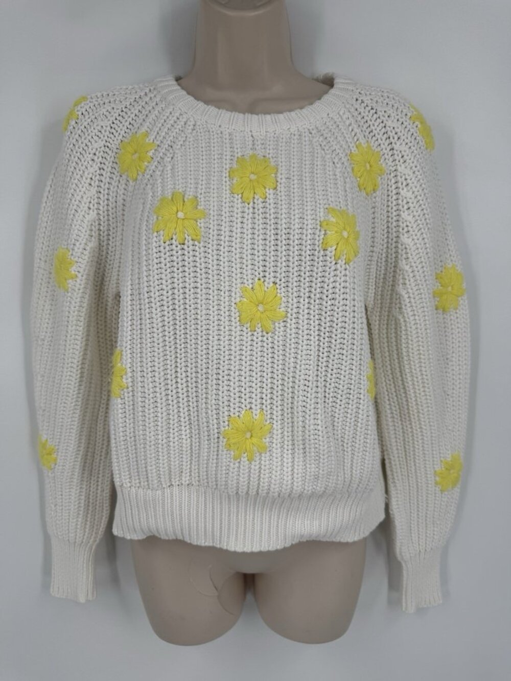 Women’s Aqua Daisy Embroidered Sweater White & Yellow Size XS